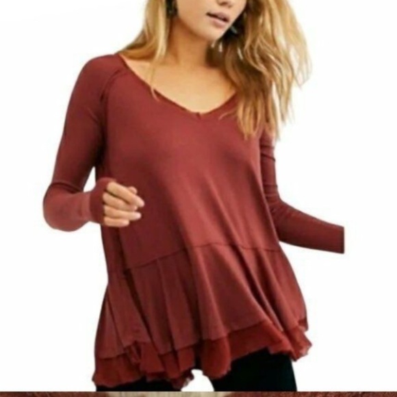 We The Free Peplum V Neck Ribbed Top Maroon Long Sleeve Raw Edges Detail - Picture 1 of 13